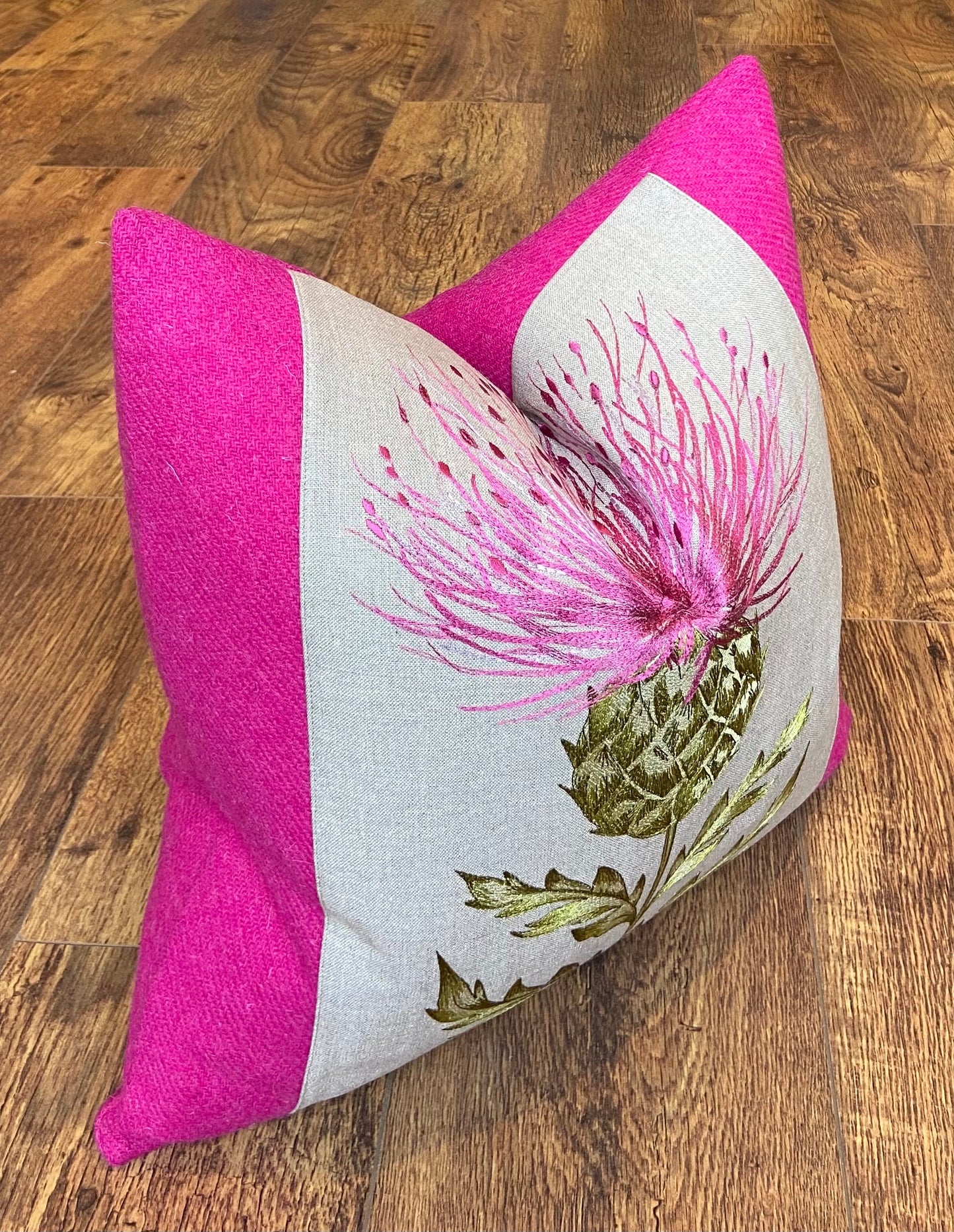 Vibrant Pink Embroidered Thistle and Harris Tweed Cushion 18”