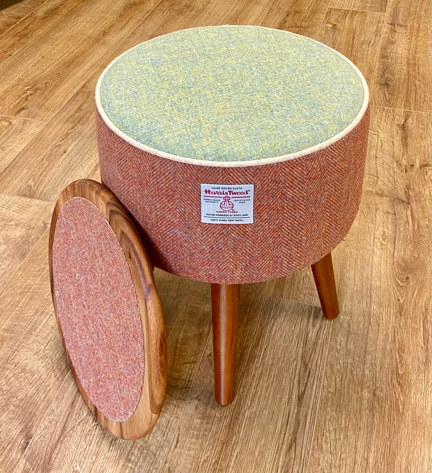 Rust and Green Harris Tweed End Table with Oatmeal Piping and Removable Wooden Top