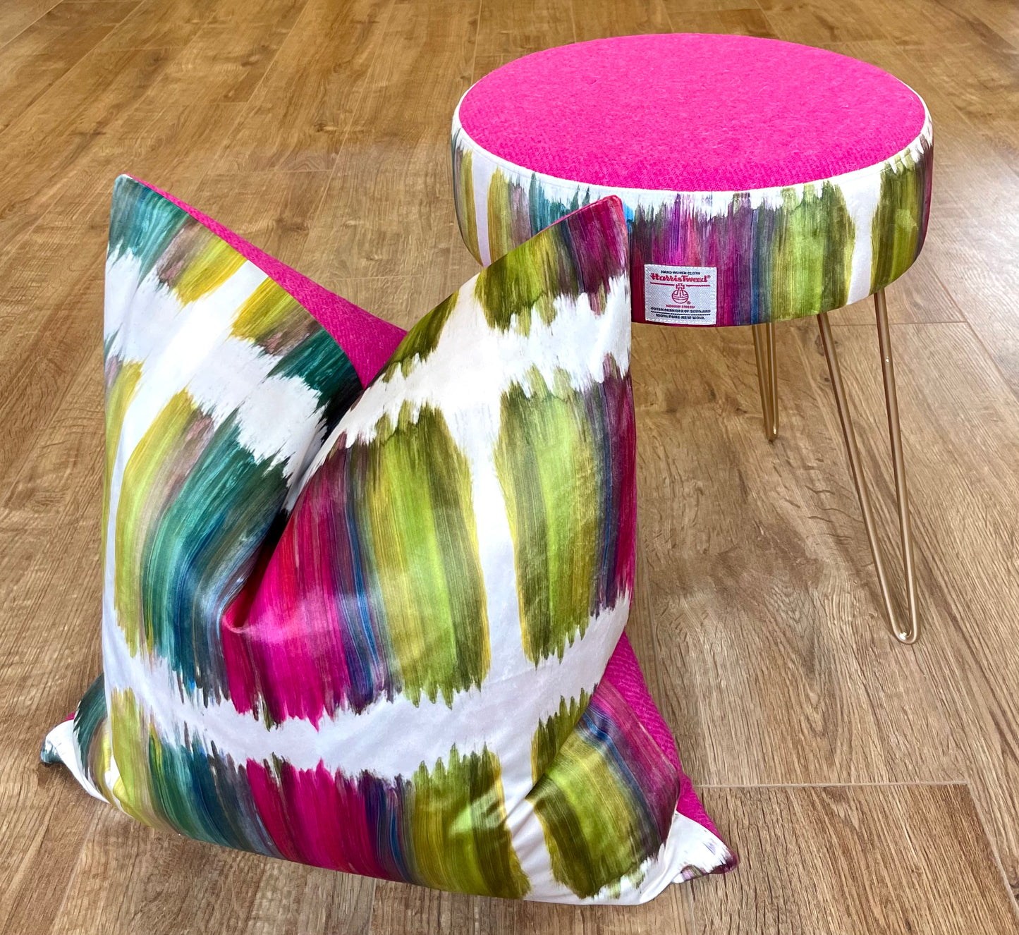 Paint Strokes Velvet and Pink Harris Tweed Large Slouchy Cushion 20”