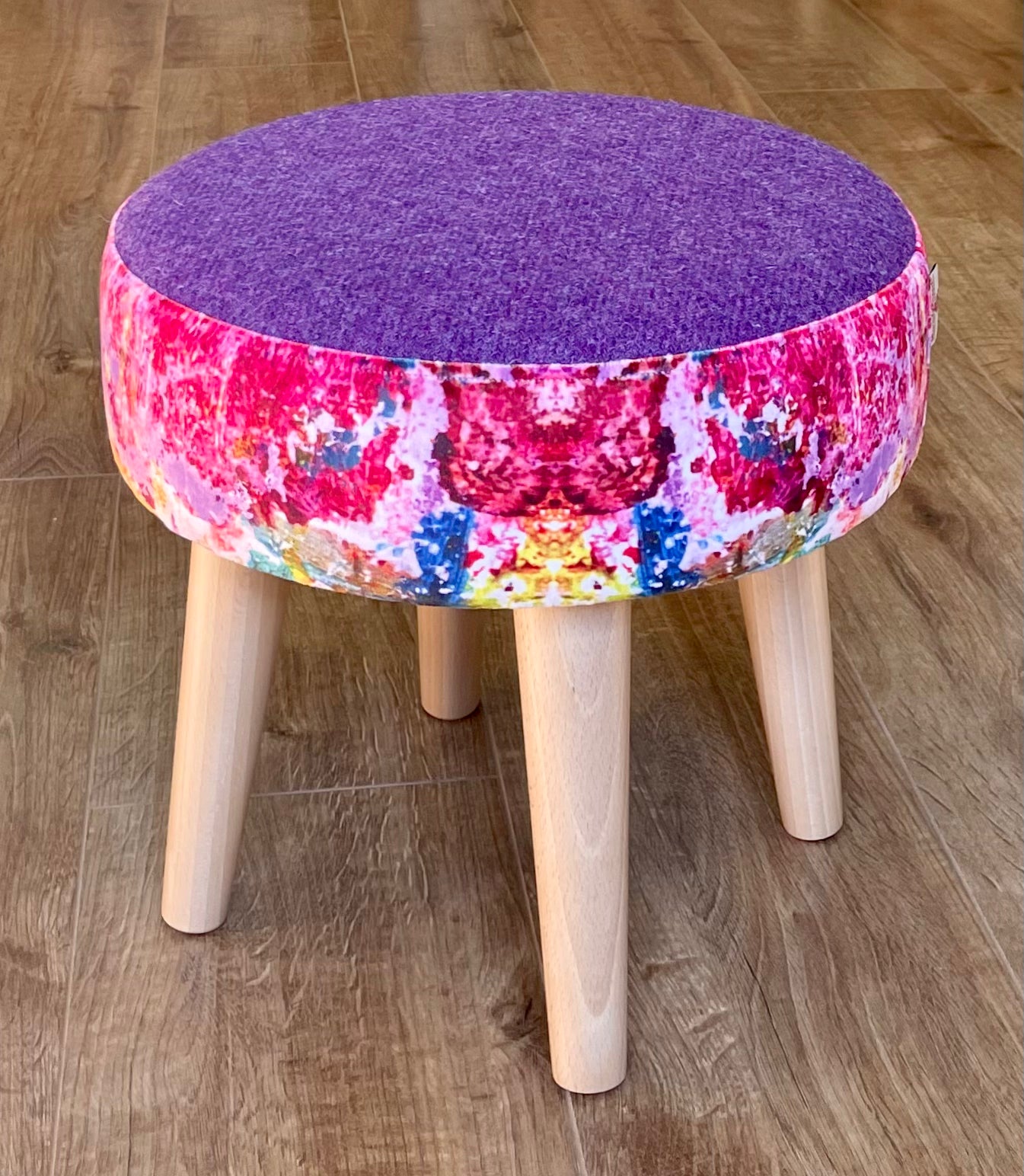 Paint Spray Velvet and Purple Harris Tweed Small Footstool