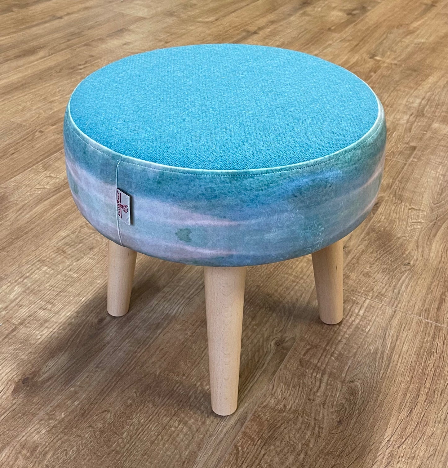 Turquoise Sea Velvet and Harris Tweed Small Footstool
