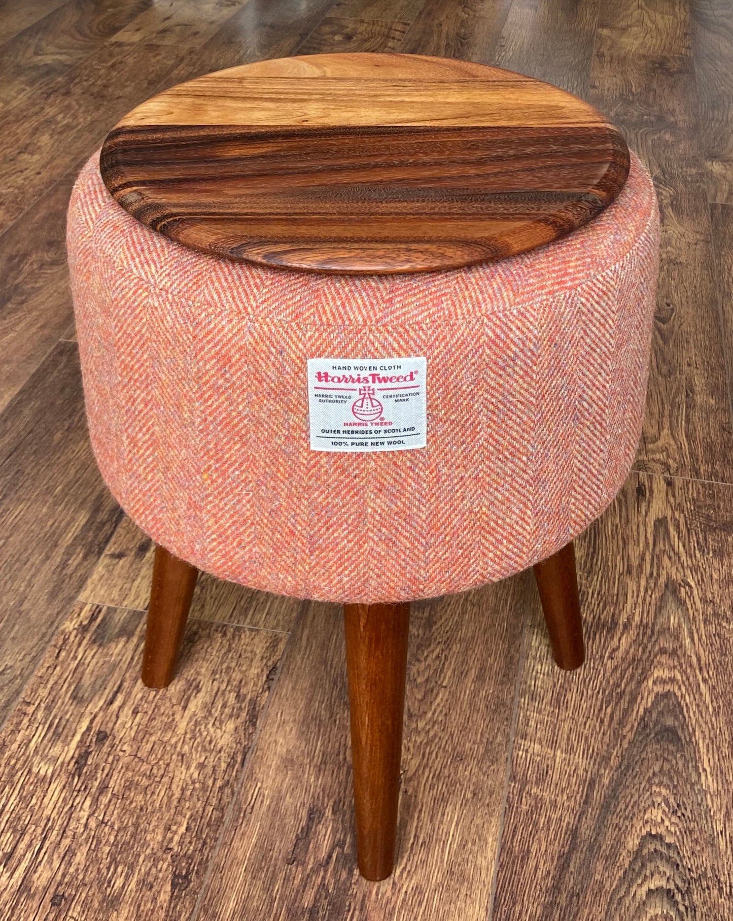 End Table, Rust Harris Tweed Herringbone with Removable Wooden Top and Dark Varnished Wooden Legs