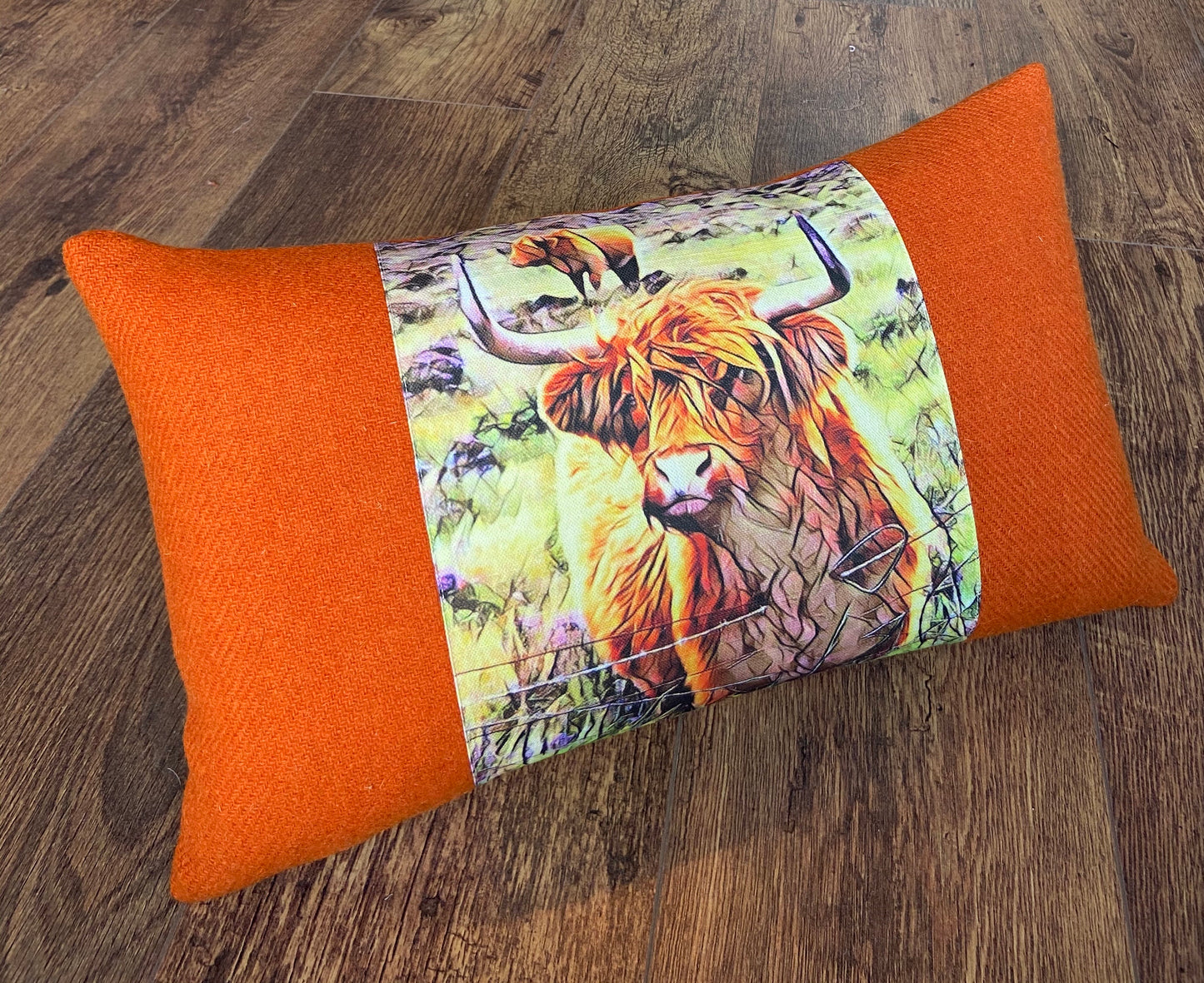 Handmade Highland Cow and Orange Harris Tweed Cushion