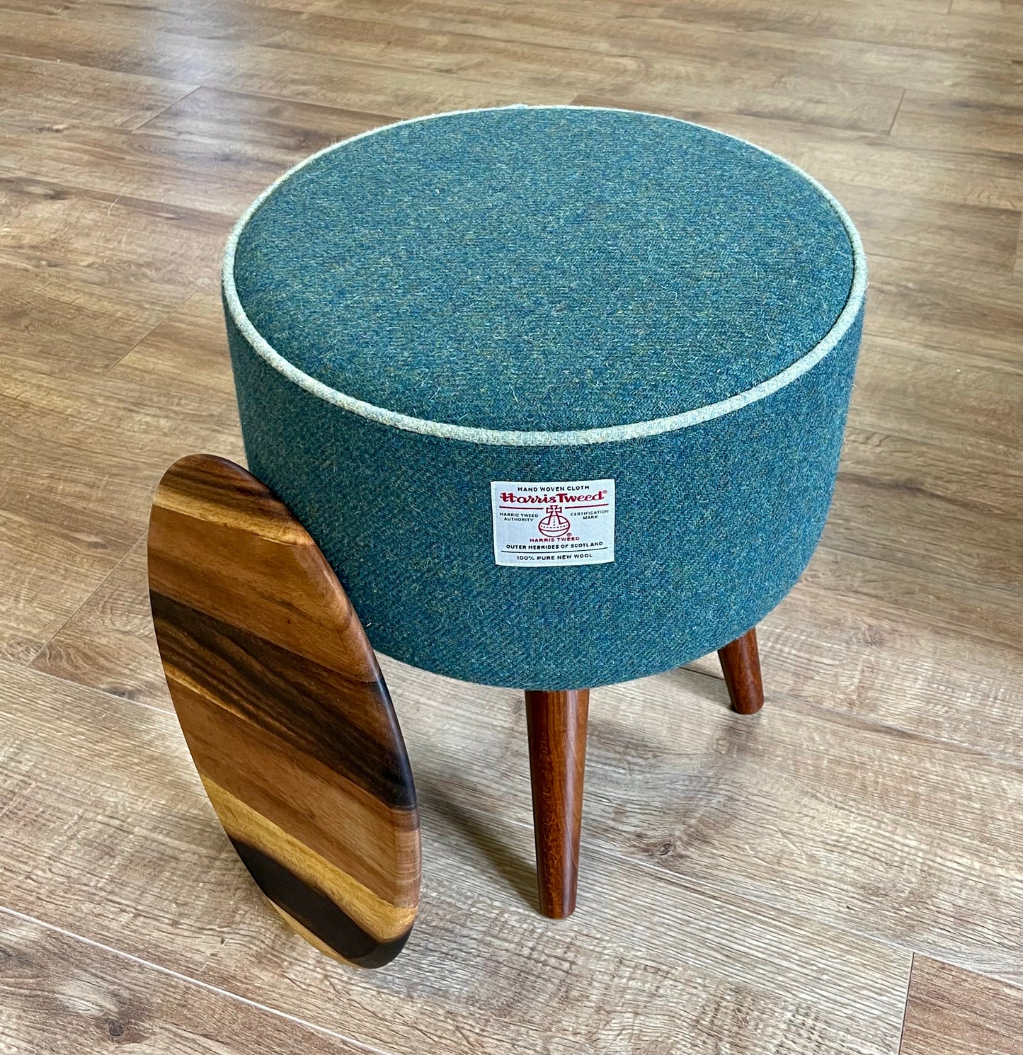 Deep Green Harris Tweed End Table with Light Green Piping and Removable Wooden Top