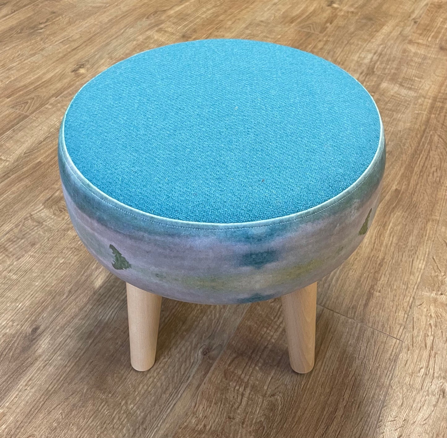 Turquoise Sea Velvet and Harris Tweed Small Footstool