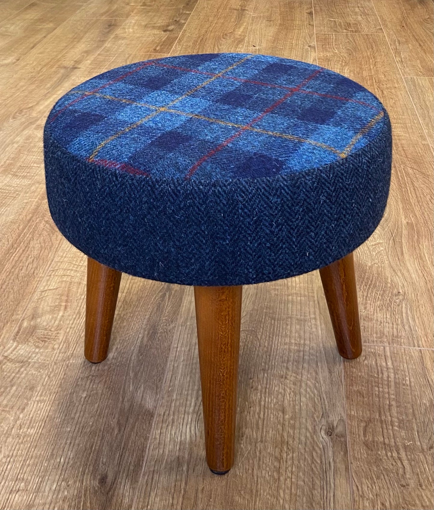 Small Tartan and Navy Blue Herringbone Harris Tweed Footstool