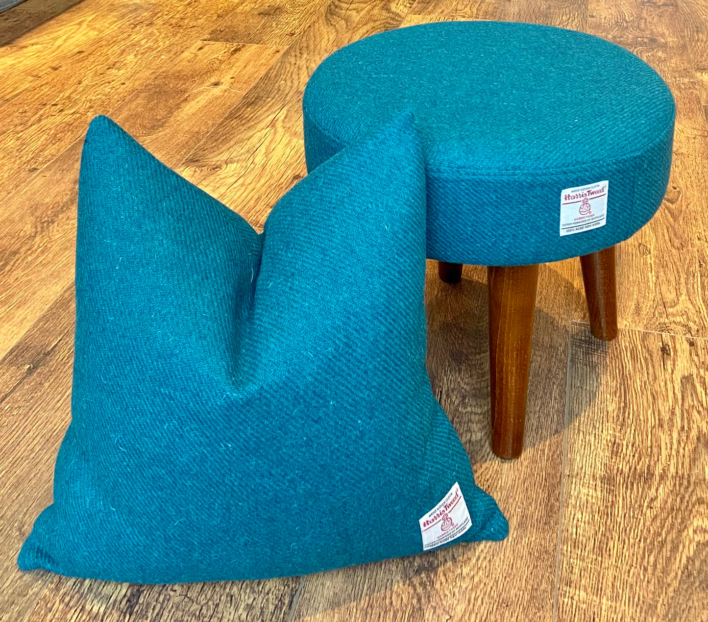 Teal Harris Tweed Footstool with Dark Varnished Wooden Legs