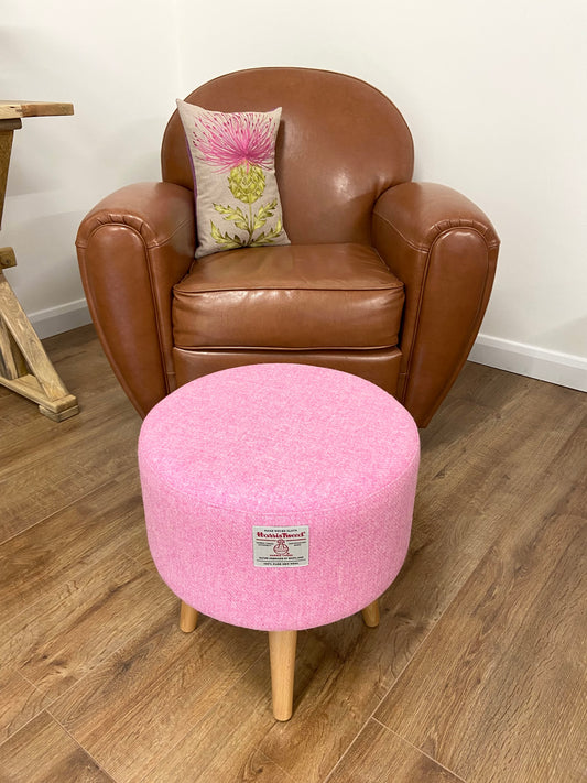 Light Pink Harris Tweed Footstool with Varnished Wooden Legs