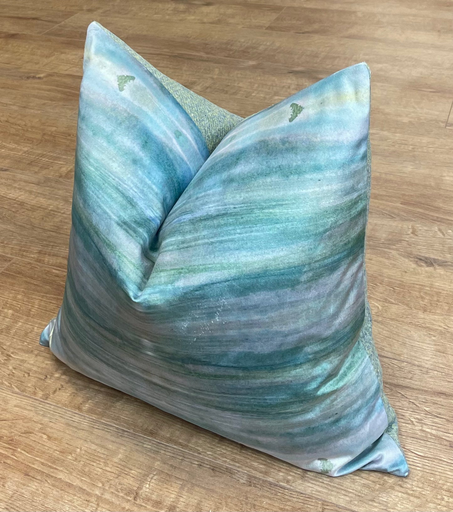 Emerald Sea Velvet and Light Green Harris Tweed Cushion 18”