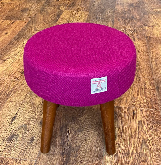 Fuchsia Harris Tweed Footstool with Dark Varnished Wooden Legs