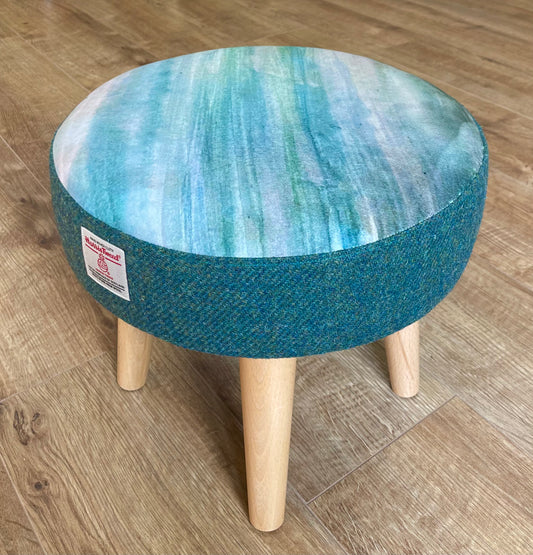 Emerald Sea Velvet and Harris Tweed Small Footstool