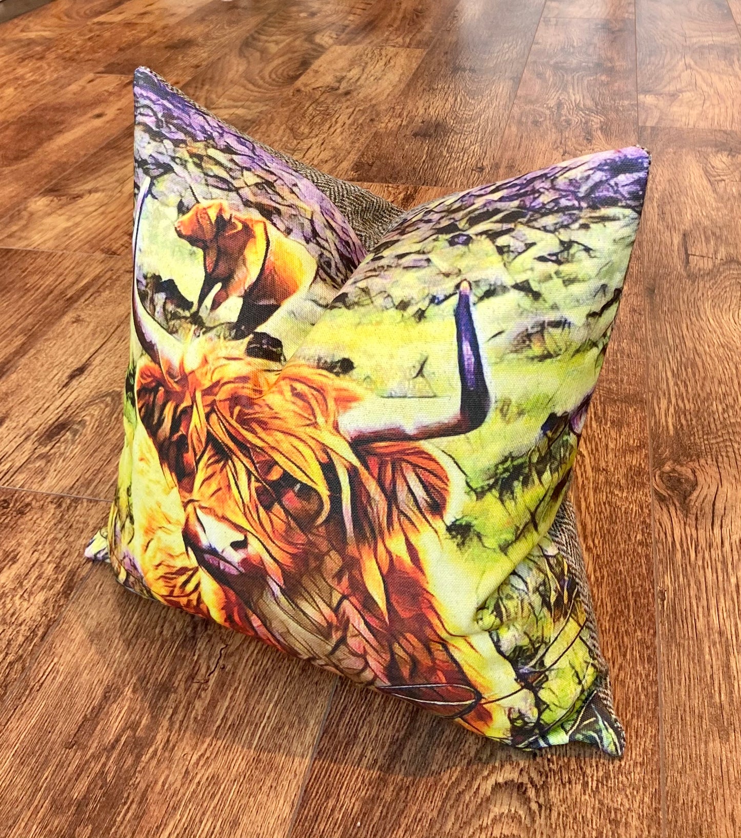 Organic Cotton Highland Cow and Brown Harris Tweed Cushion, Handmade, 16”