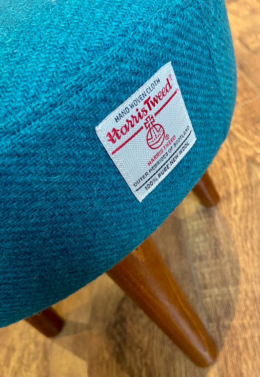 Teal Harris Tweed Footstool with Dark Varnished Wooden Legs