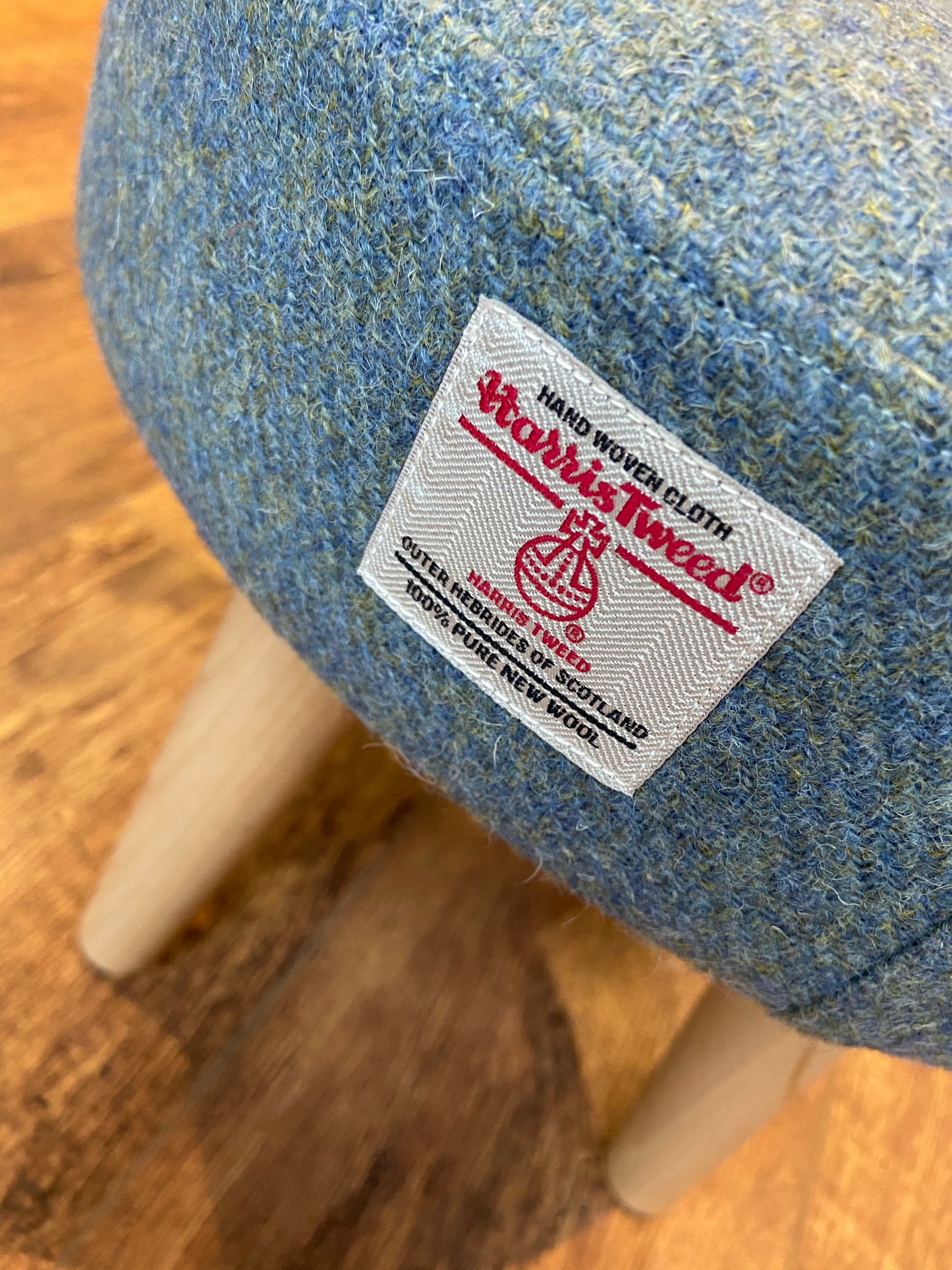 Light Blue Harris Tweed Footstool with Varnished Wooden Legs