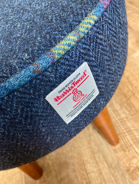 Navy Blue Harris Tweed Footstool with Tartan Piping and Dark Varnished Wooden Legs
