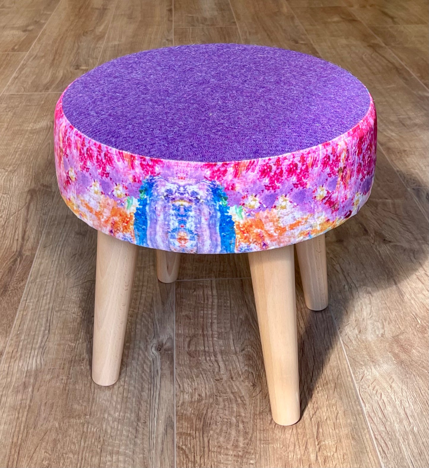 Paint Spray Velvet and Purple Harris Tweed Small Footstool