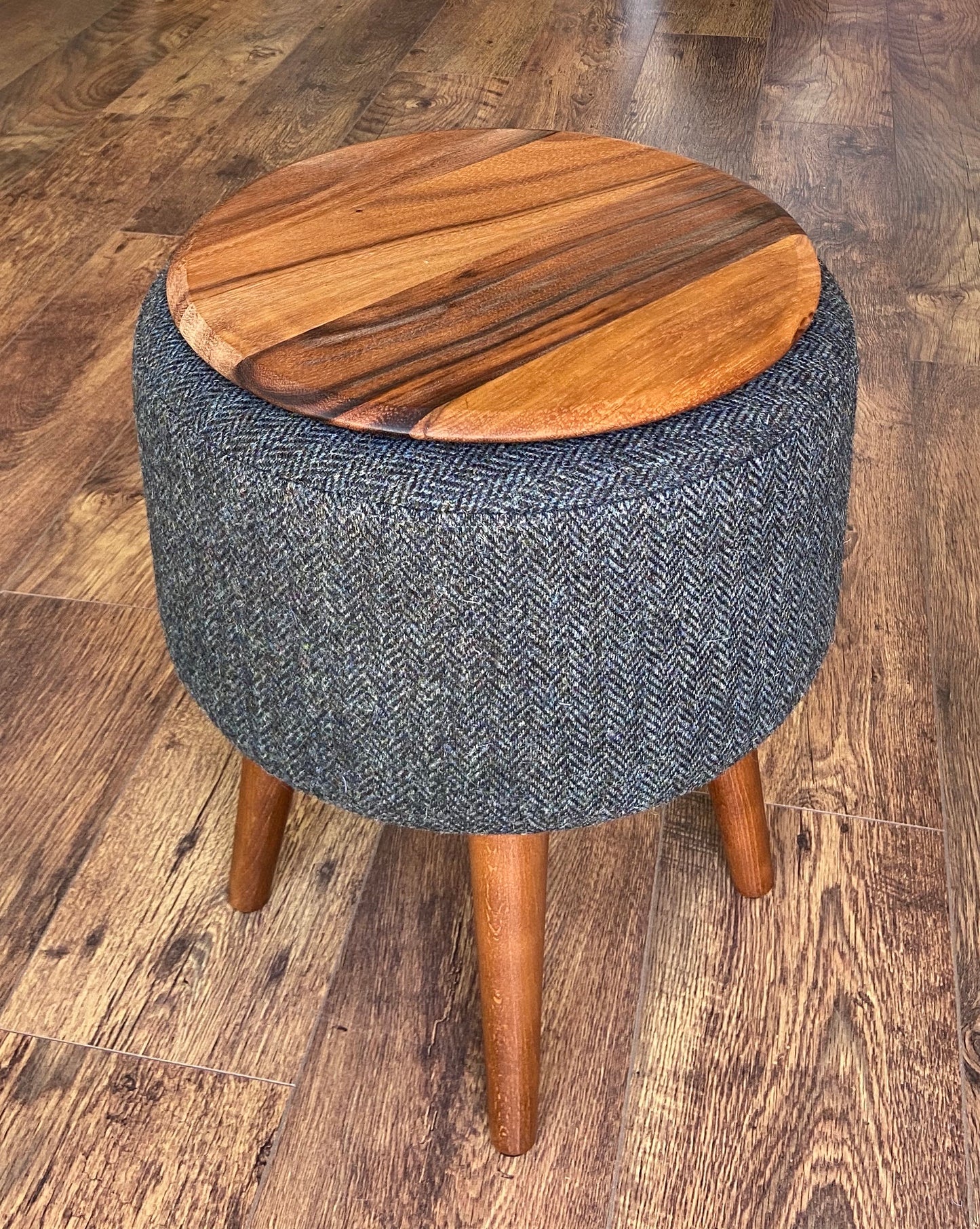 Side Table, Charcoal Harris Tweed with Removable Wooden Top and Dark Varnished Wooden Legs