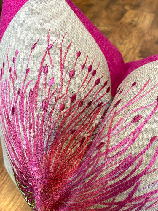 Vibrant Pink Embroidered Thistle and Harris Tweed Cushion 18”