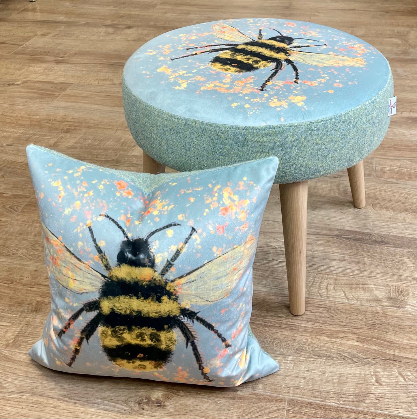 Bee with Pollen on Duck Egg Velvet Cushion with Harris Tweed