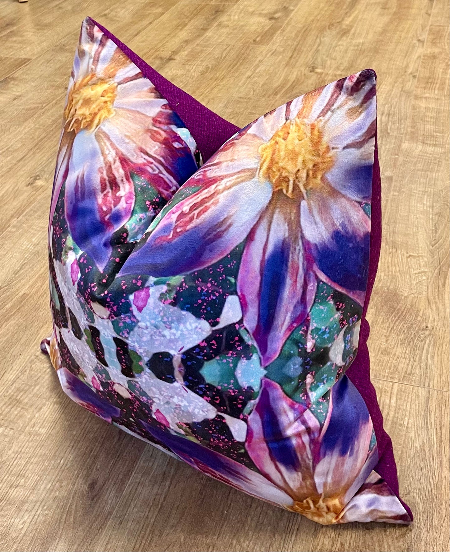 Arran Flower Velvet and Purple Harris Tweed Cushion 20”