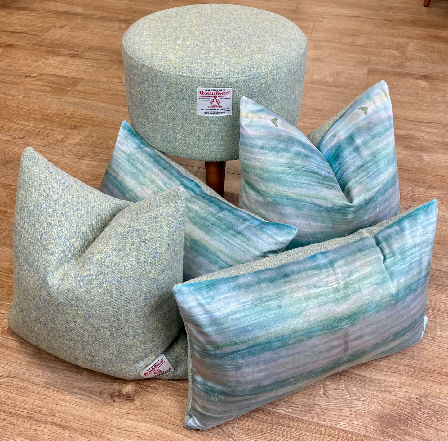 Emerald Sea Velvet and Light Green Harris Tweed Cushion 18”