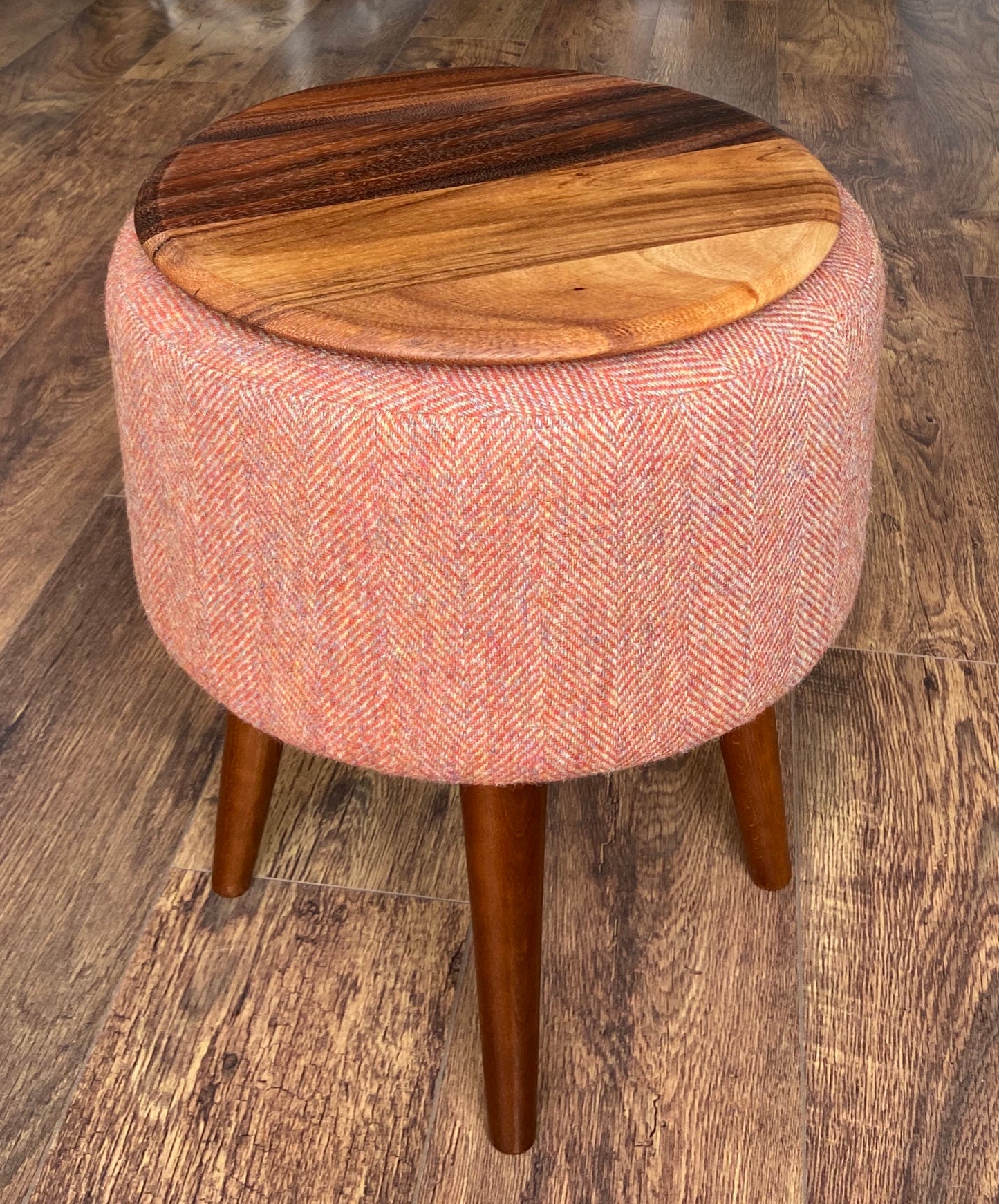 End Table, Rust Harris Tweed Herringbone with Removable Wooden Top and Dark Varnished Wooden Legs