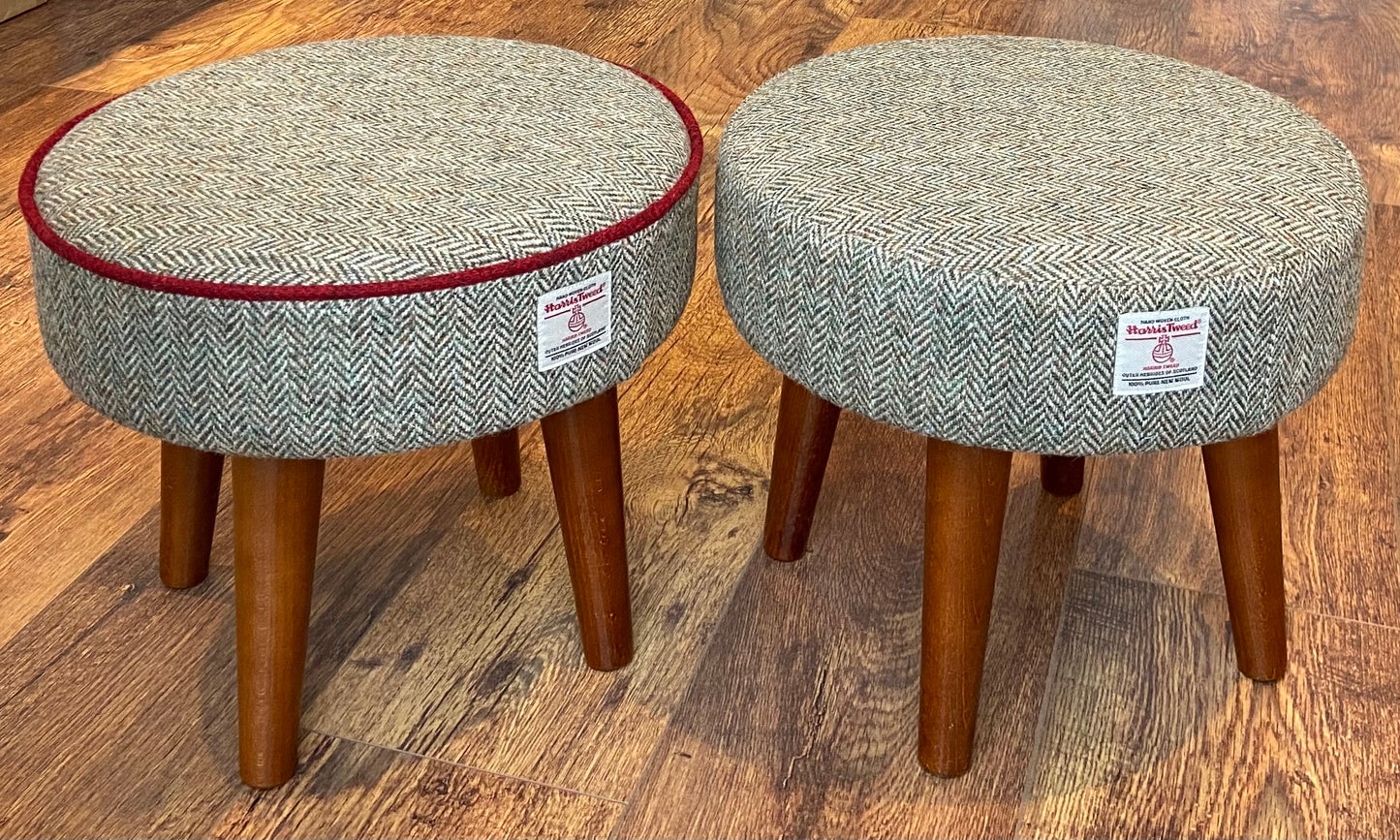 Brown Harris Tweed Footstool with Red Piping and Dark Varnished Wooden Legs