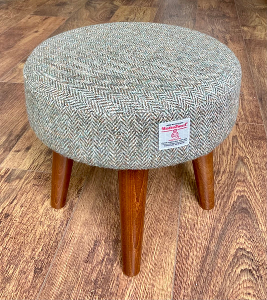 Light Brown Green Harris Tweed Footstool with Dark Varnished Wooden Legs