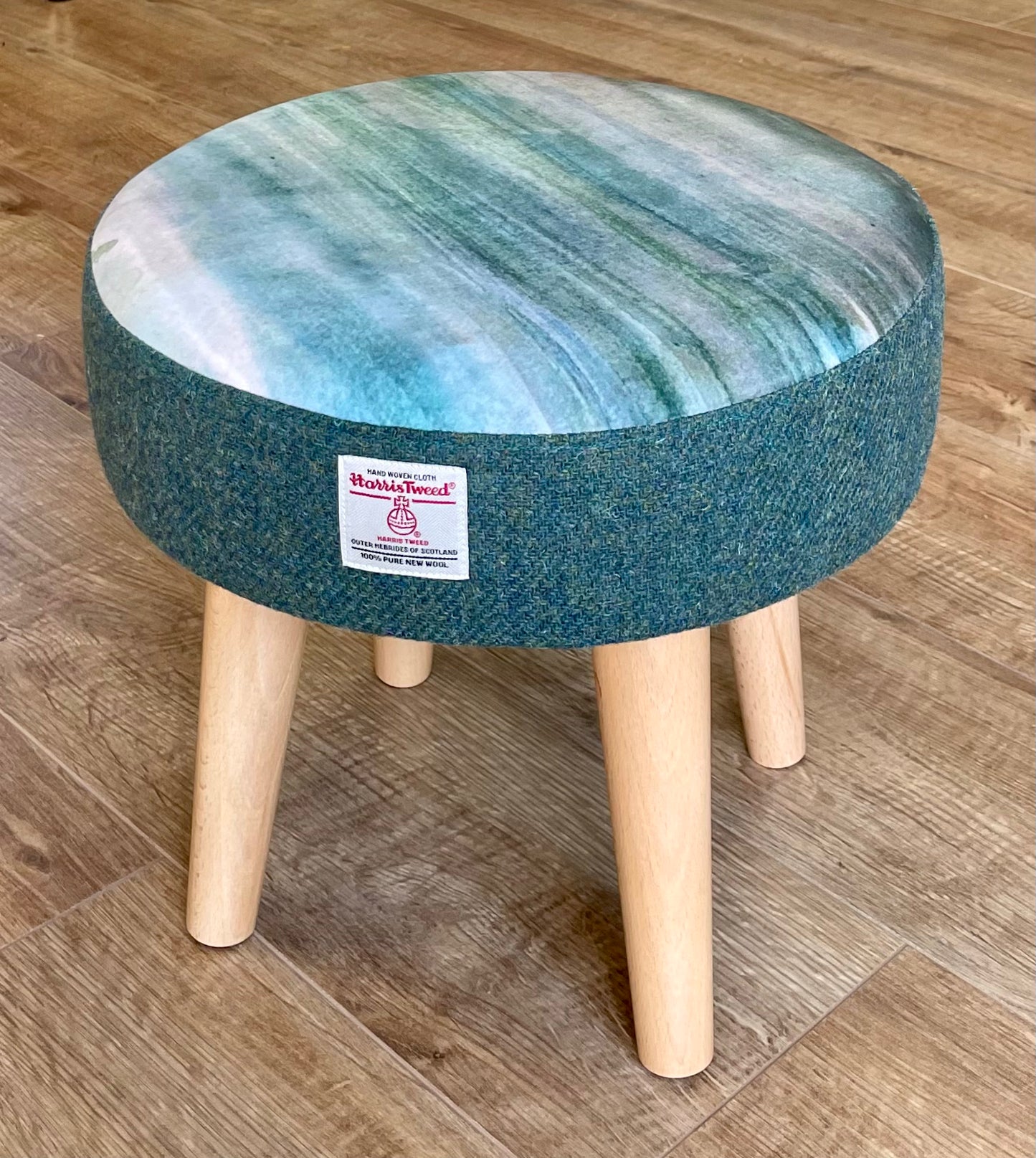 Emerald Sea Velvet and Harris Tweed Small Footstool