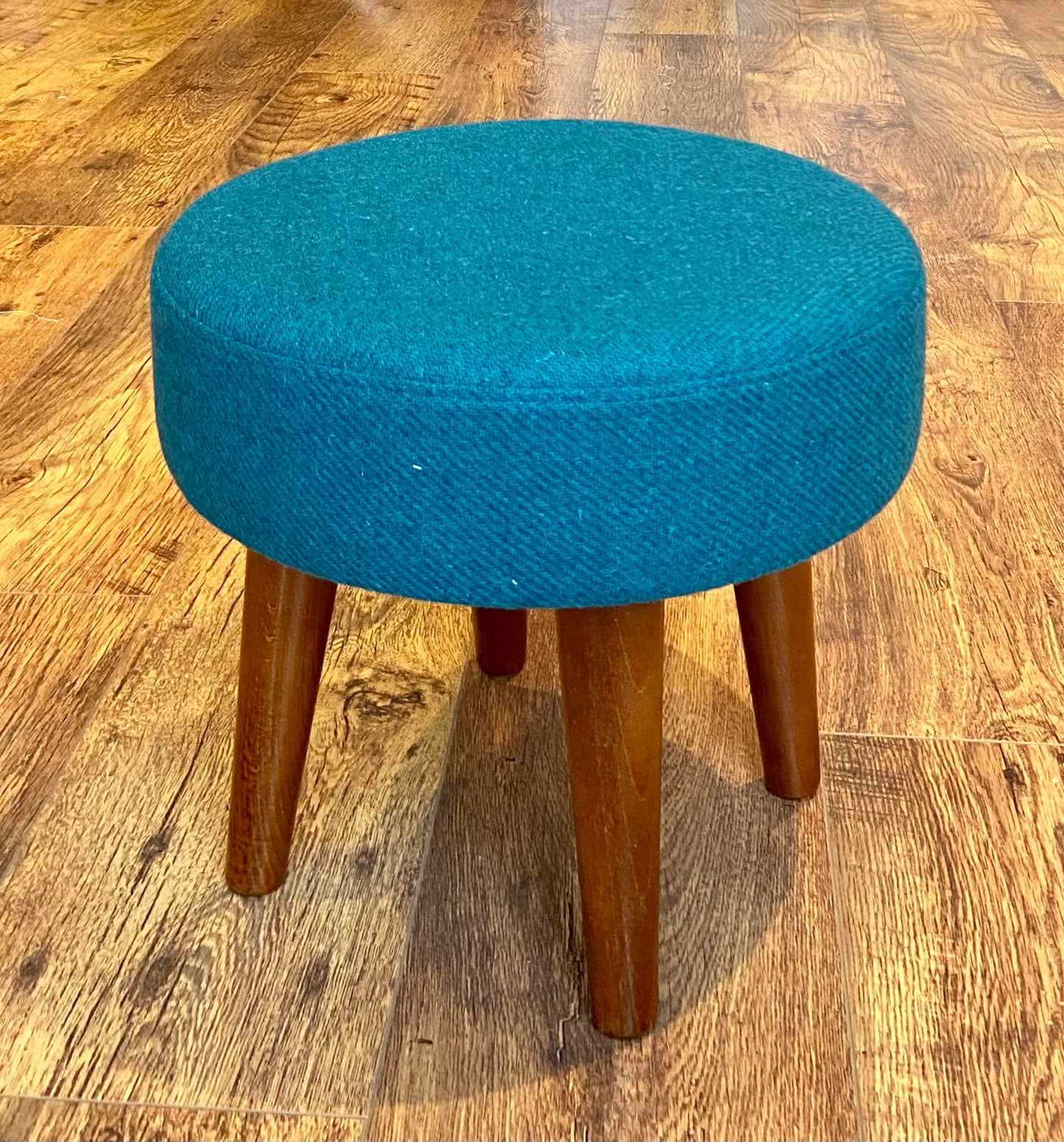 Teal Harris Tweed Footstool with Dark Varnished Wooden Legs
