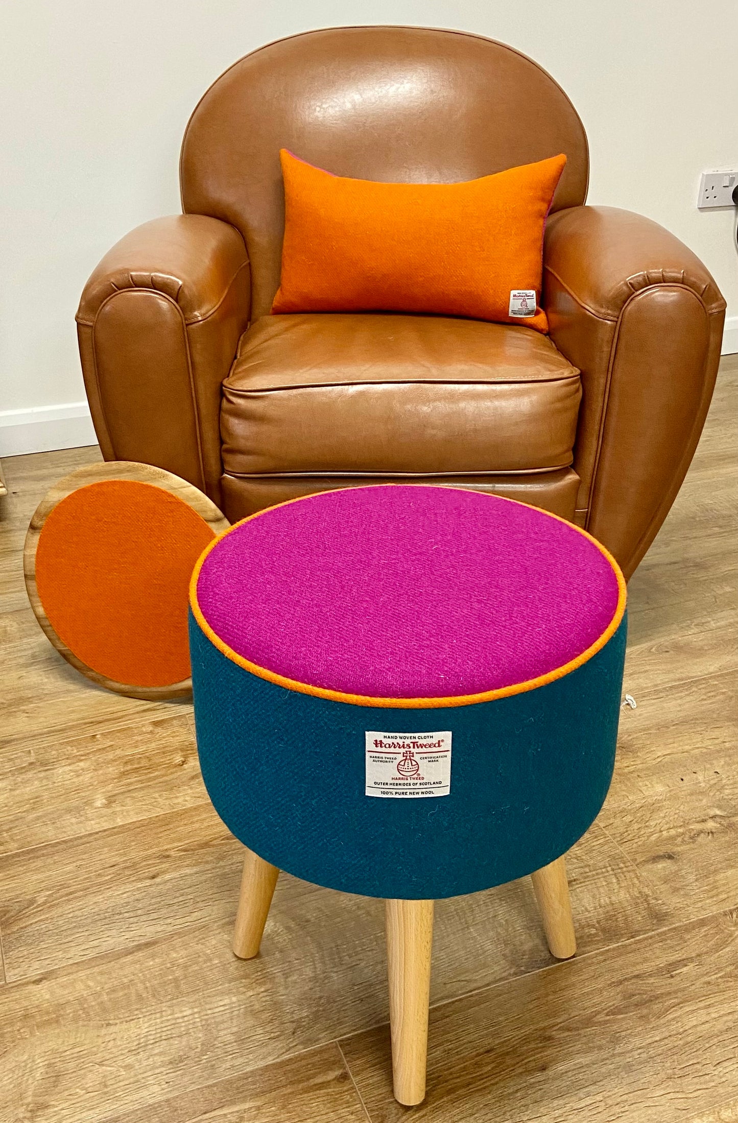 Rainbow End Table, Teal and Fuchsia Harris Tweed with Orange Piping and Removable Wooden Top