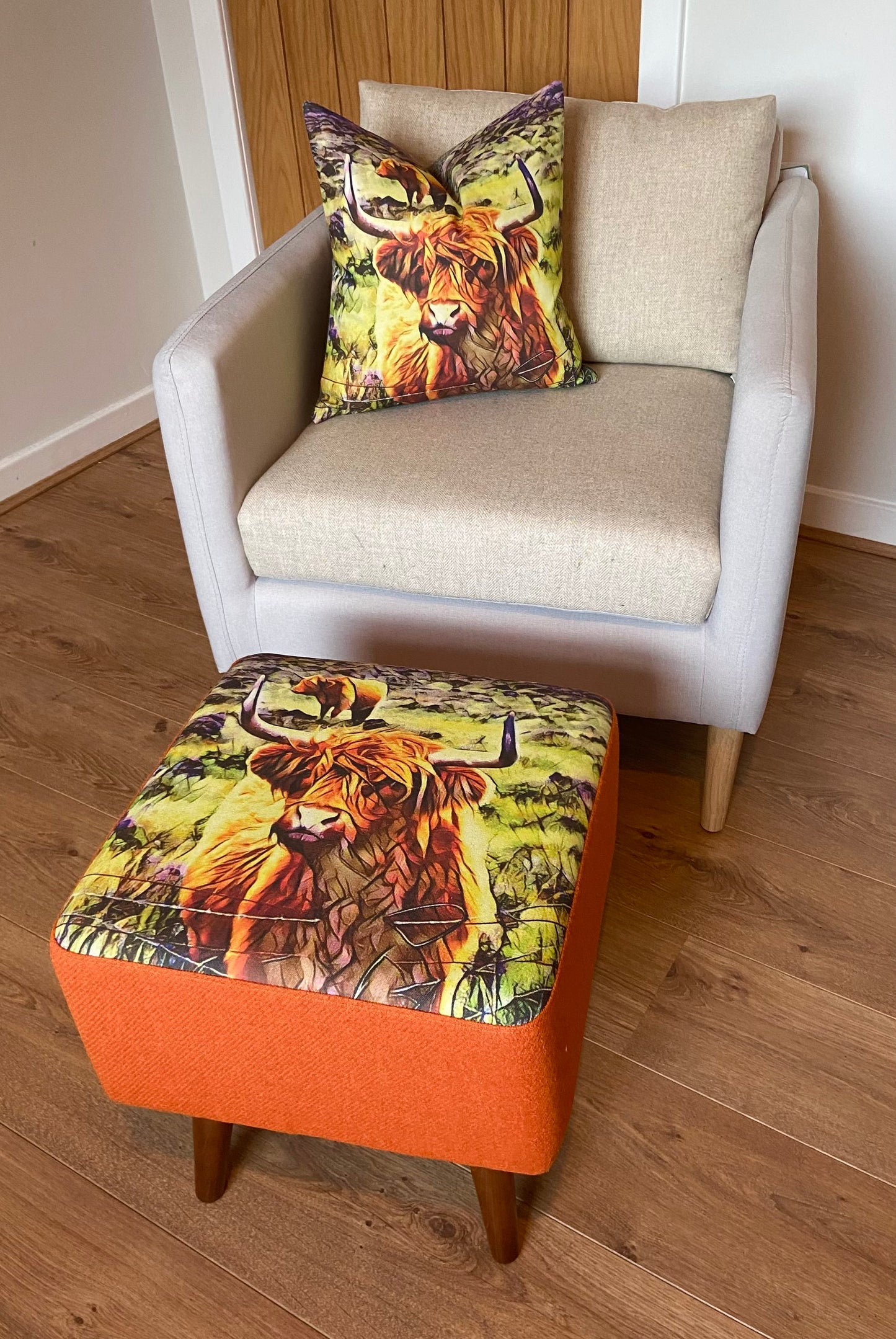 Organic Cotton Highland Cow and Brown Harris Tweed Cushion, Handmade, 16”