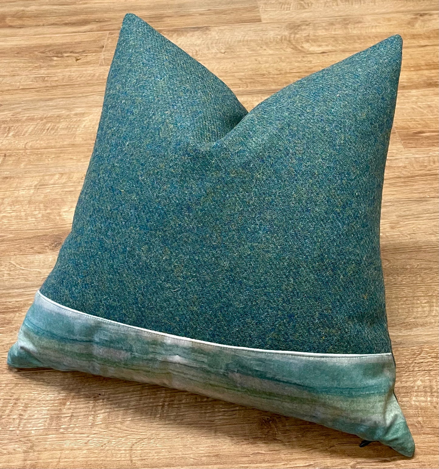 Green Harris Tweed Cushion with Emerald Sea Velvet Trim 18”