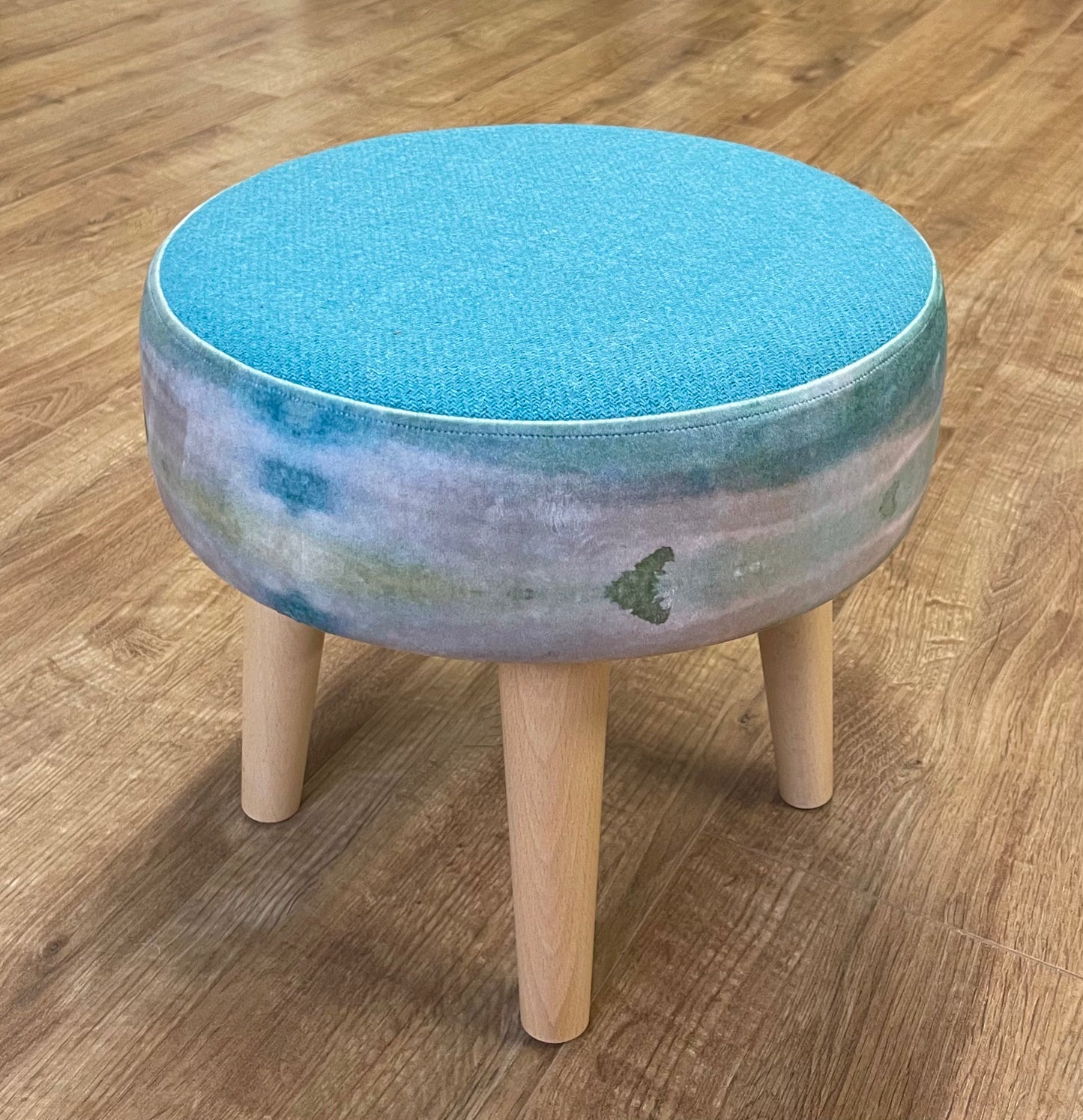Turquoise Sea Velvet and Harris Tweed Small Footstool