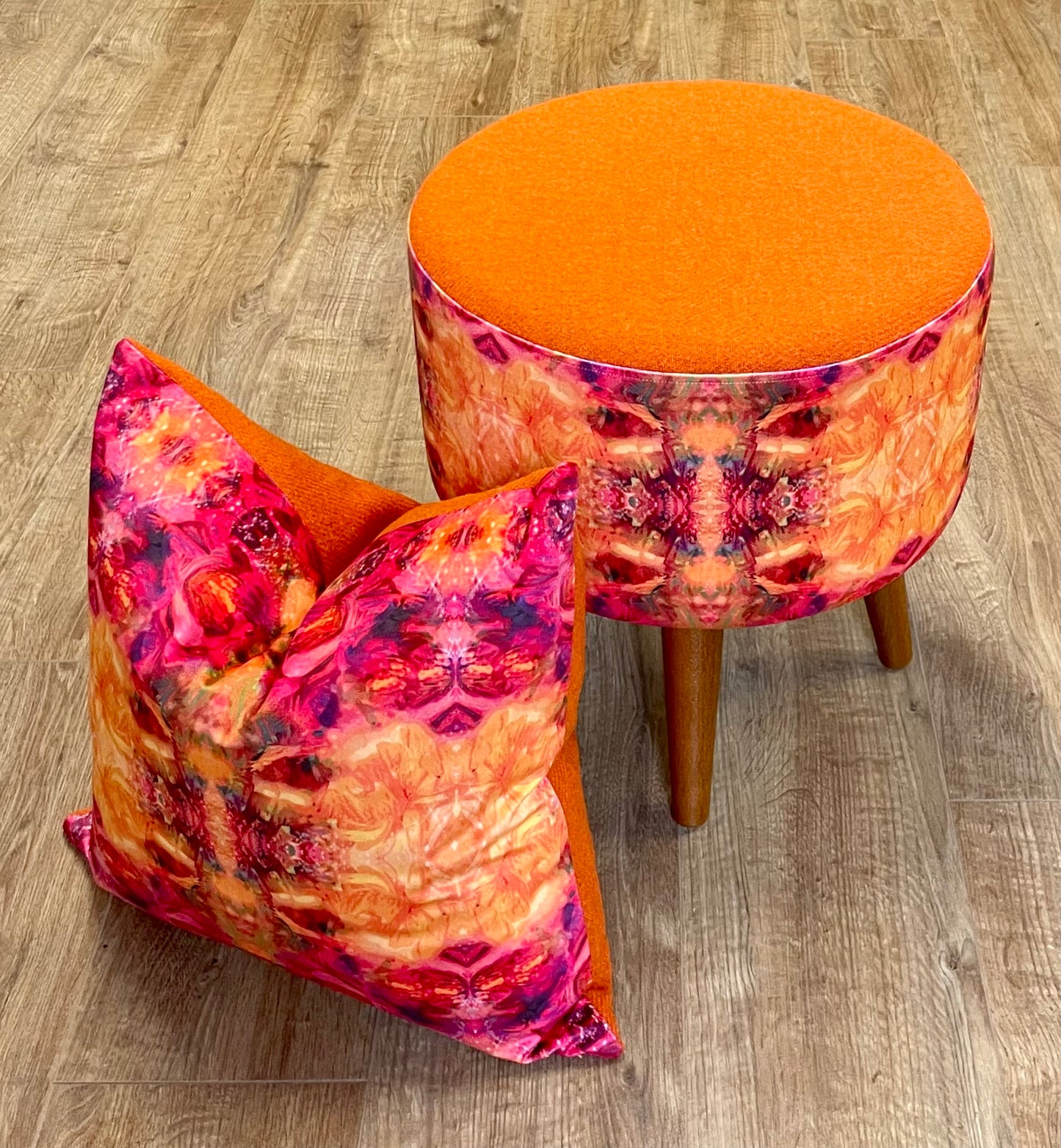 Fire Velvet and Orange Harris Tweed Footstool