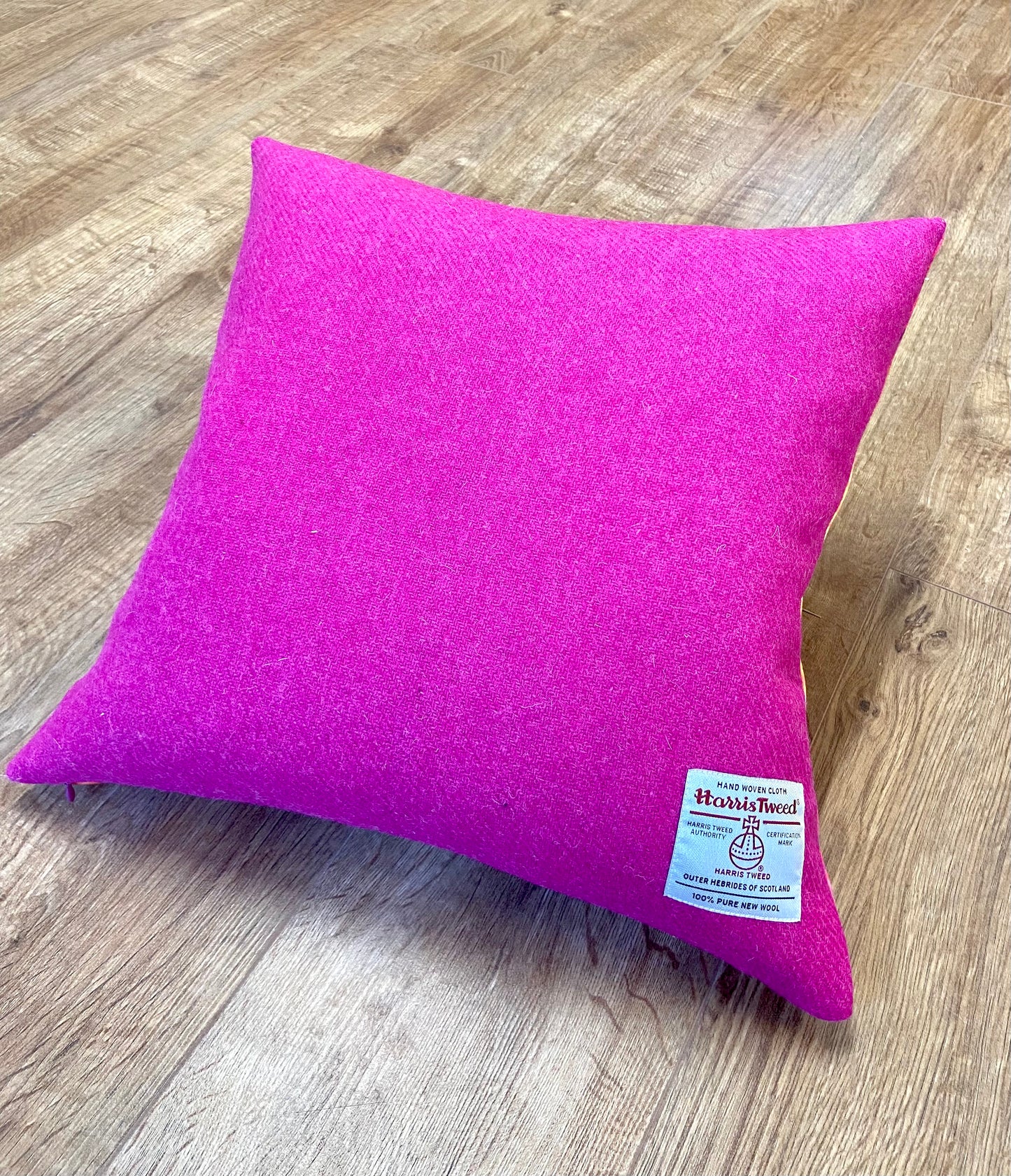 Fire Velvet and Bright Pink Harris Tweed Cushion, Handmade, 18”
