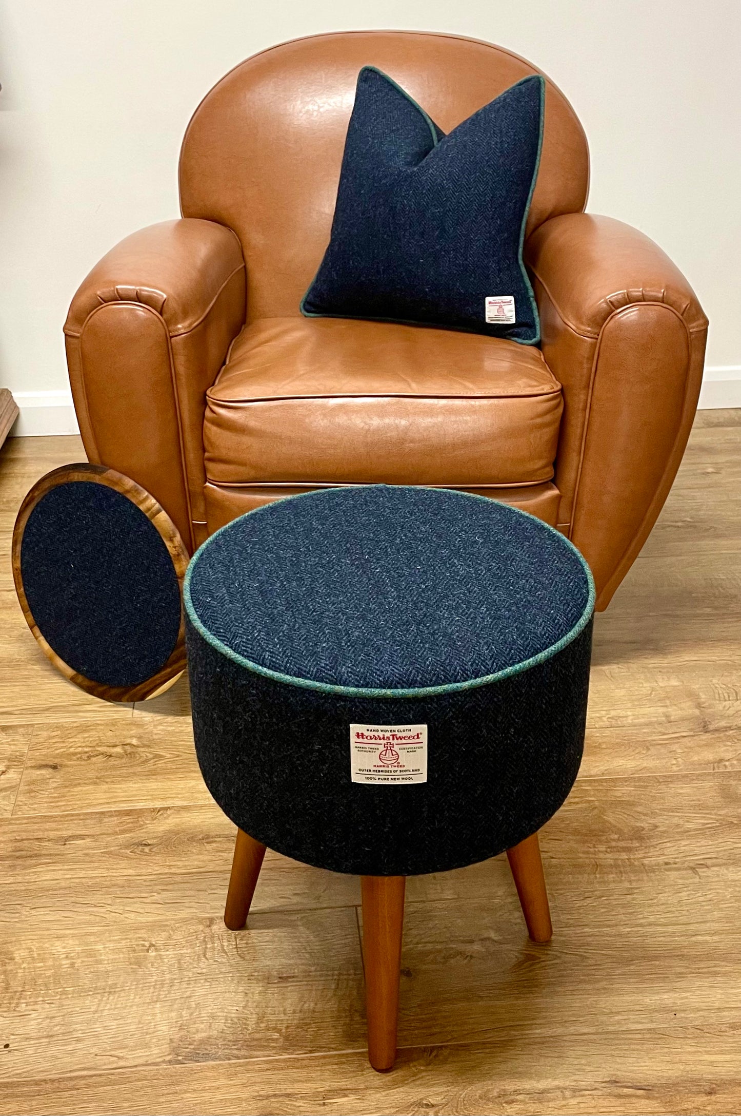 End Table, Navy Harris Tweed with Green Piping and Removable Wooden Top