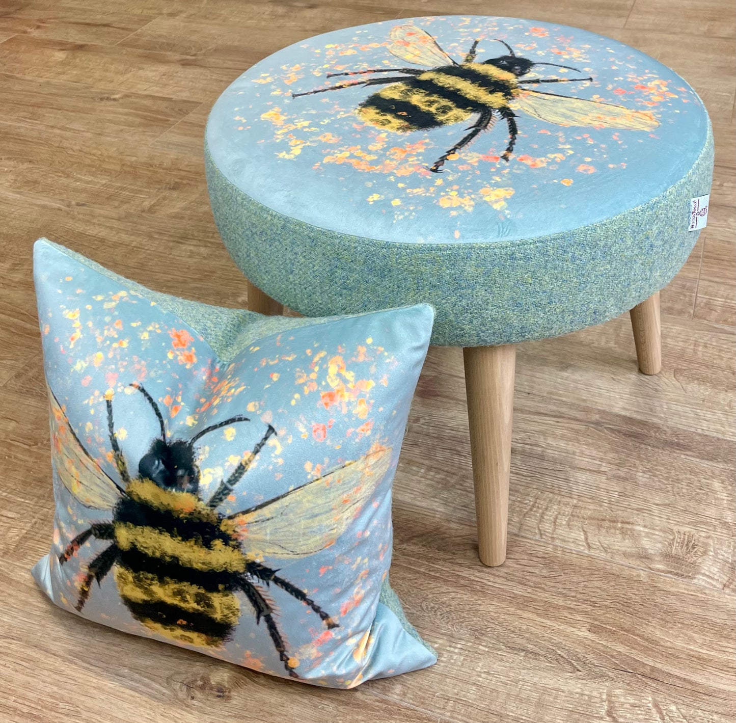 Bee with Pollen on Duck Egg Velvet Cushion with Harris Tweed