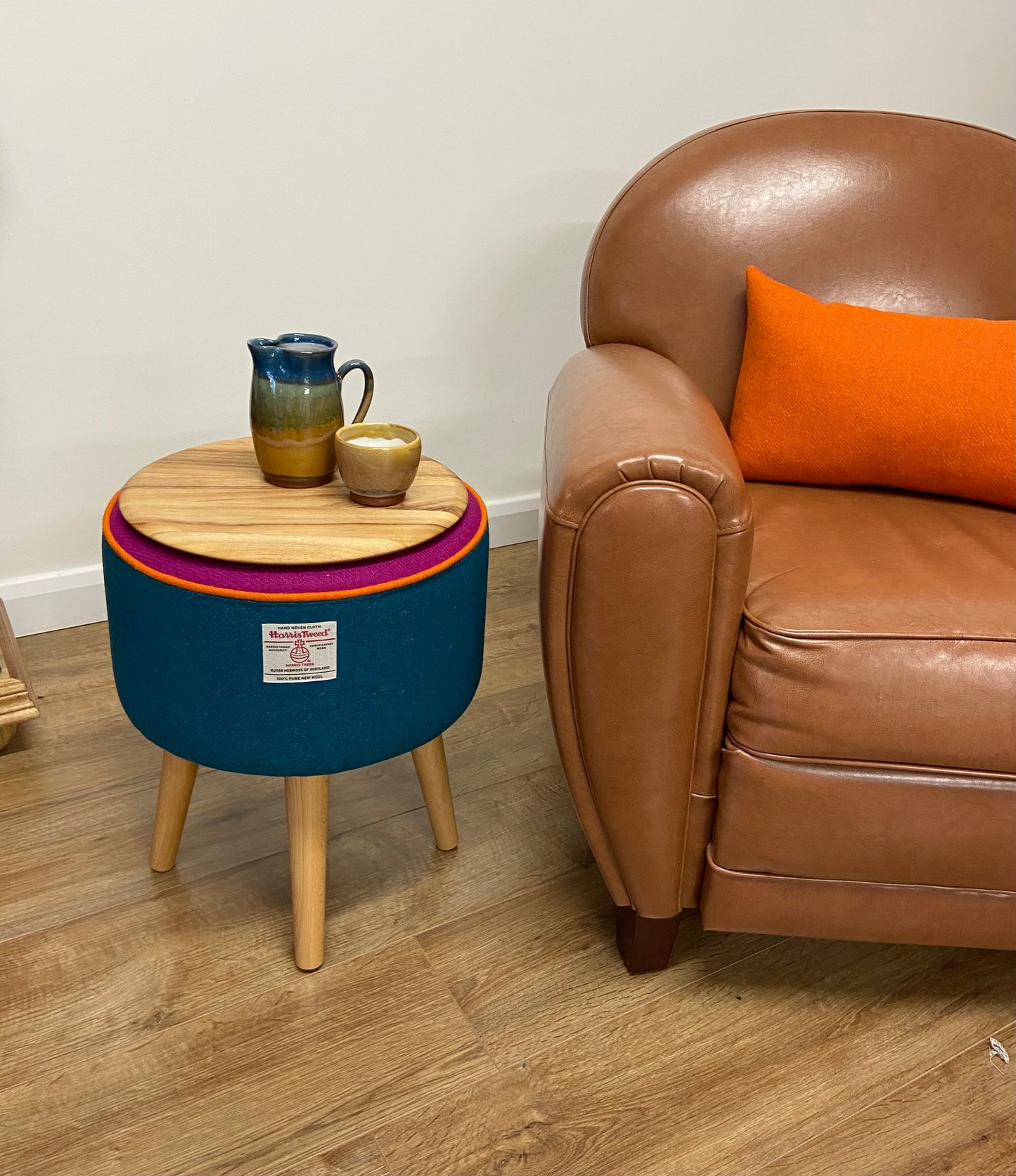 Rainbow End Table, Teal and Fuchsia Harris Tweed with Orange Piping and Removable Wooden Top