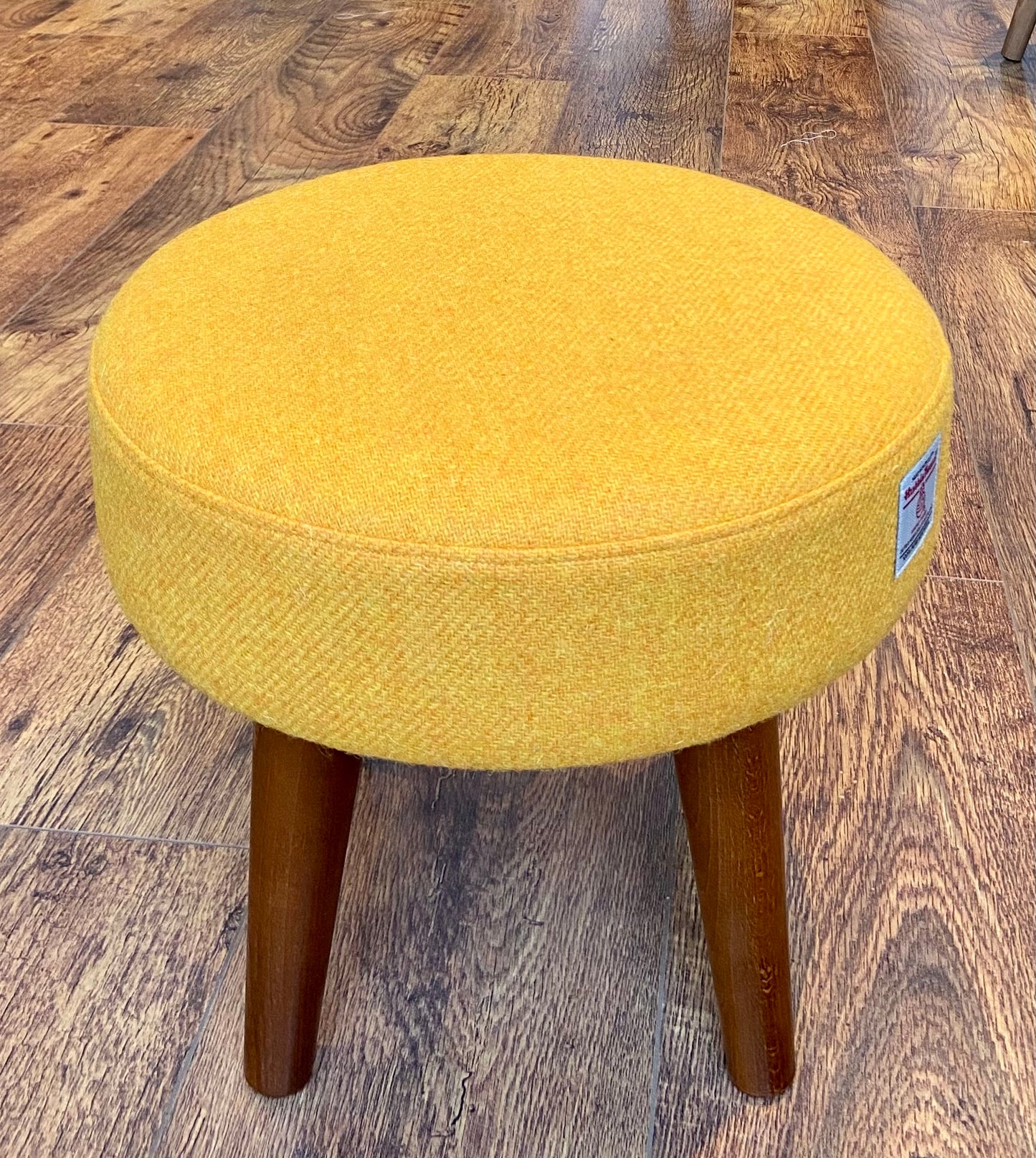 Yellow Harris Tweed Footstool with Dark Varnished Wooden Legs