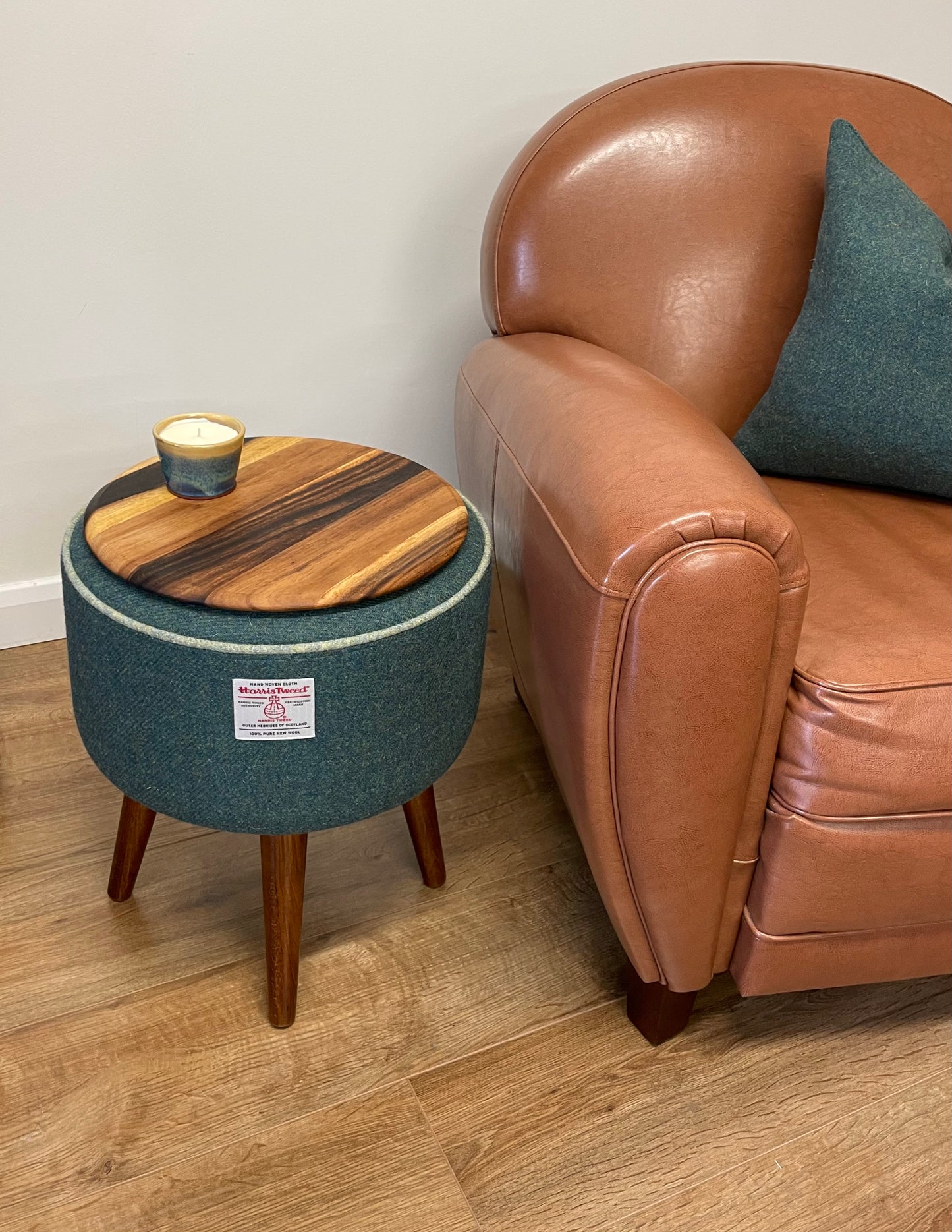 Deep Green Harris Tweed End Table with Light Green Piping and Removable Wooden Top