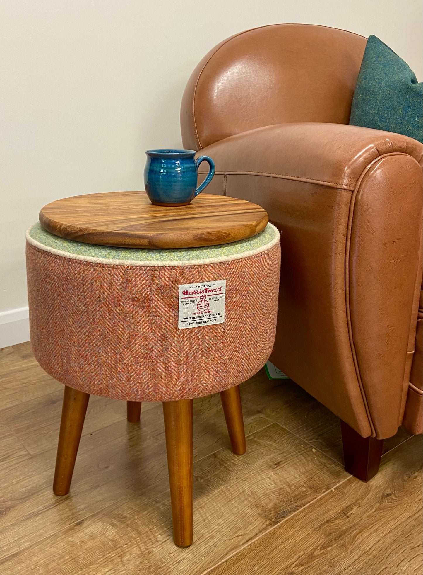 Rust and Green Harris Tweed End Table with Oatmeal Piping and Removable Wooden Top