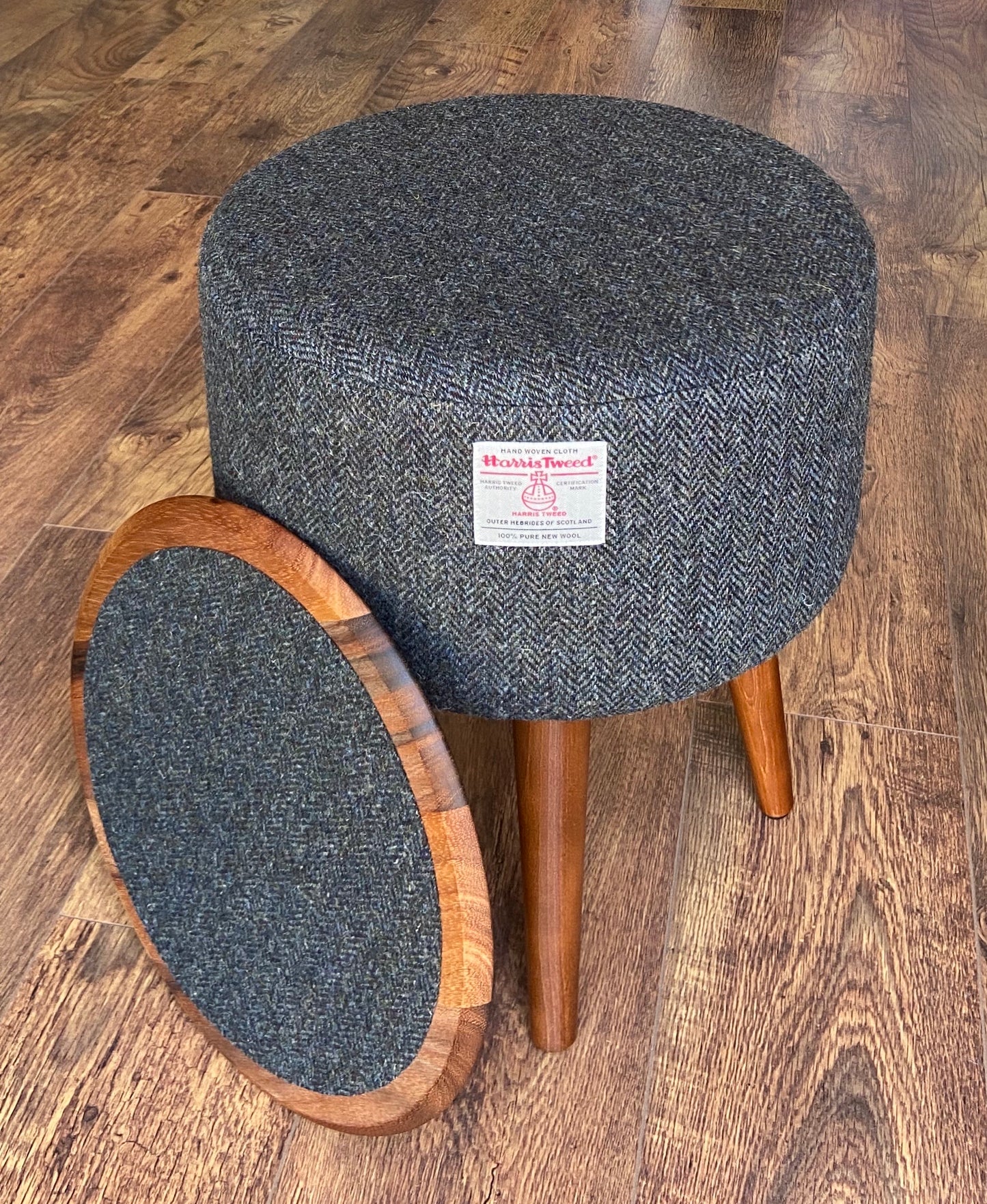 Side Table, Charcoal Harris Tweed with Removable Wooden Top and Dark Varnished Wooden Legs
