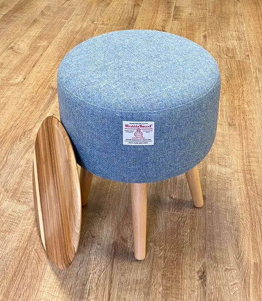 End Table, Sky Blue Harris Tweed with Removable Wooden Top and Varnished Wooden Legs