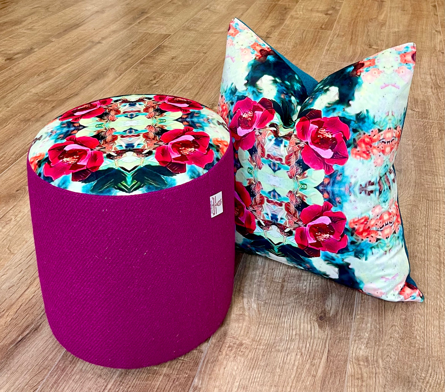 Red Rose Velvet and Harris Tweed Cushion 18”
