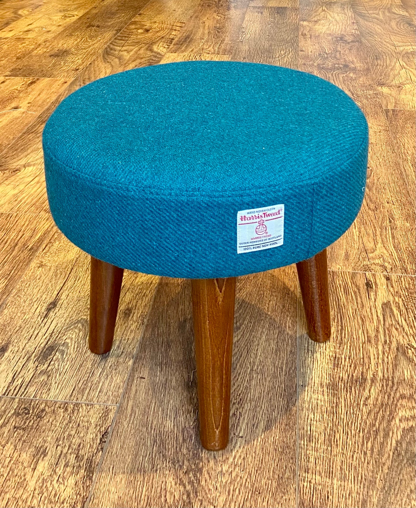 Teal Harris Tweed Footstool with Dark Varnished Wooden Legs