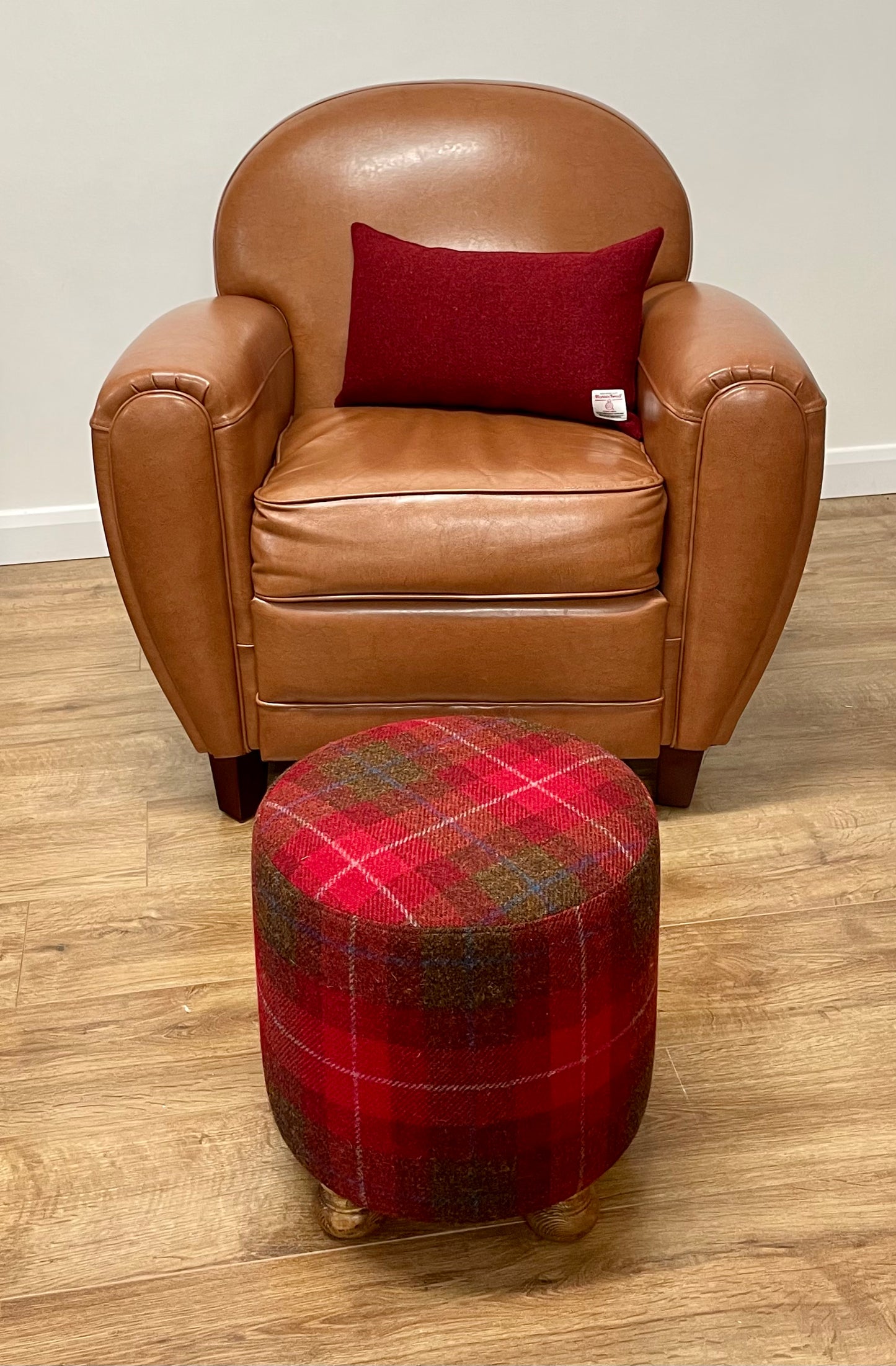 Red Tartan Harris Tweed Stumpy Footstool