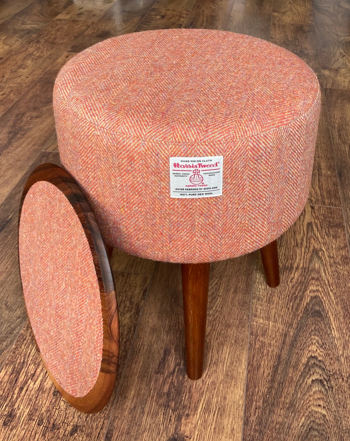 End Table, Rust Harris Tweed Herringbone with Removable Wooden Top and Dark Varnished Wooden Legs