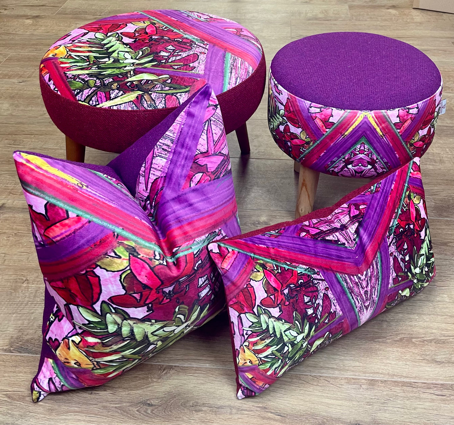 Geo Flower Velvet and Red Harris Tweed Oblong Cushion
