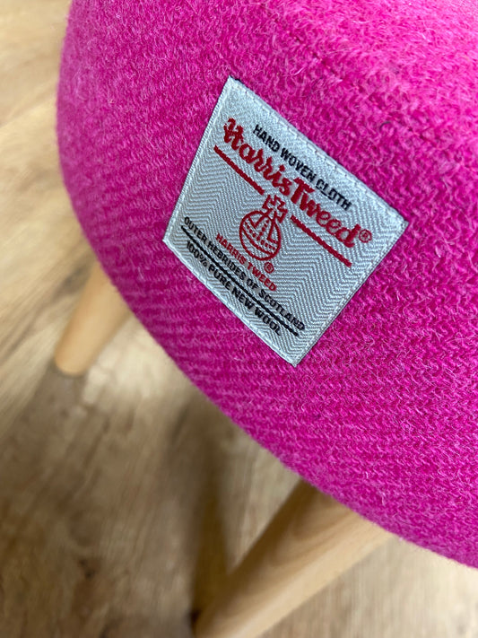 Bright Pink Harris Tweed Footstool with Varnished Wooden Legs